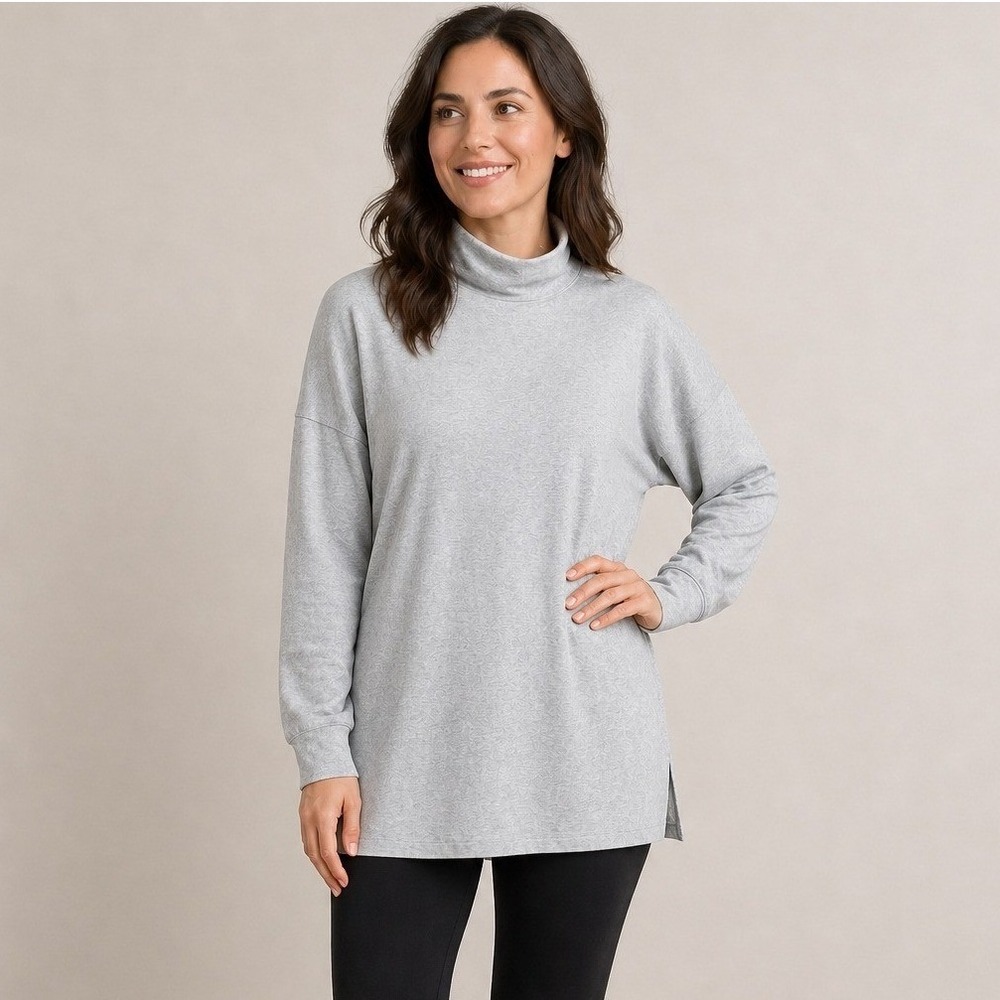 Eileen Fisher Gray Tencel Lyocell Mock Neck Tunic Top Large Side Vents Heathered